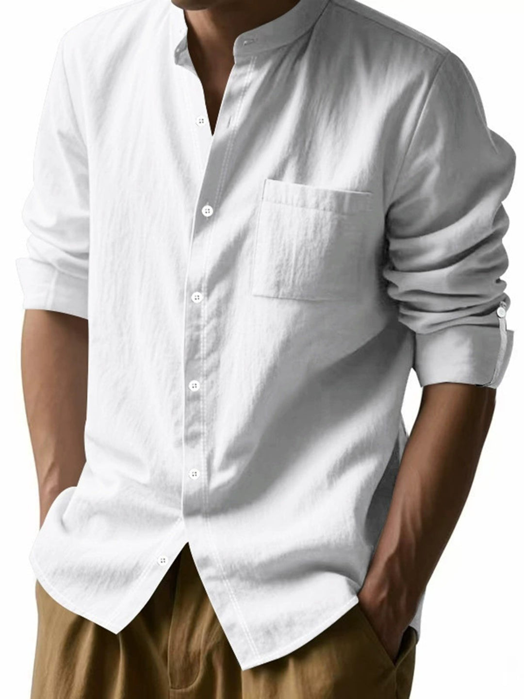 Alohadaddy® Linen Shirt Long Sleeve Stand Collar Breathable Casual Men&