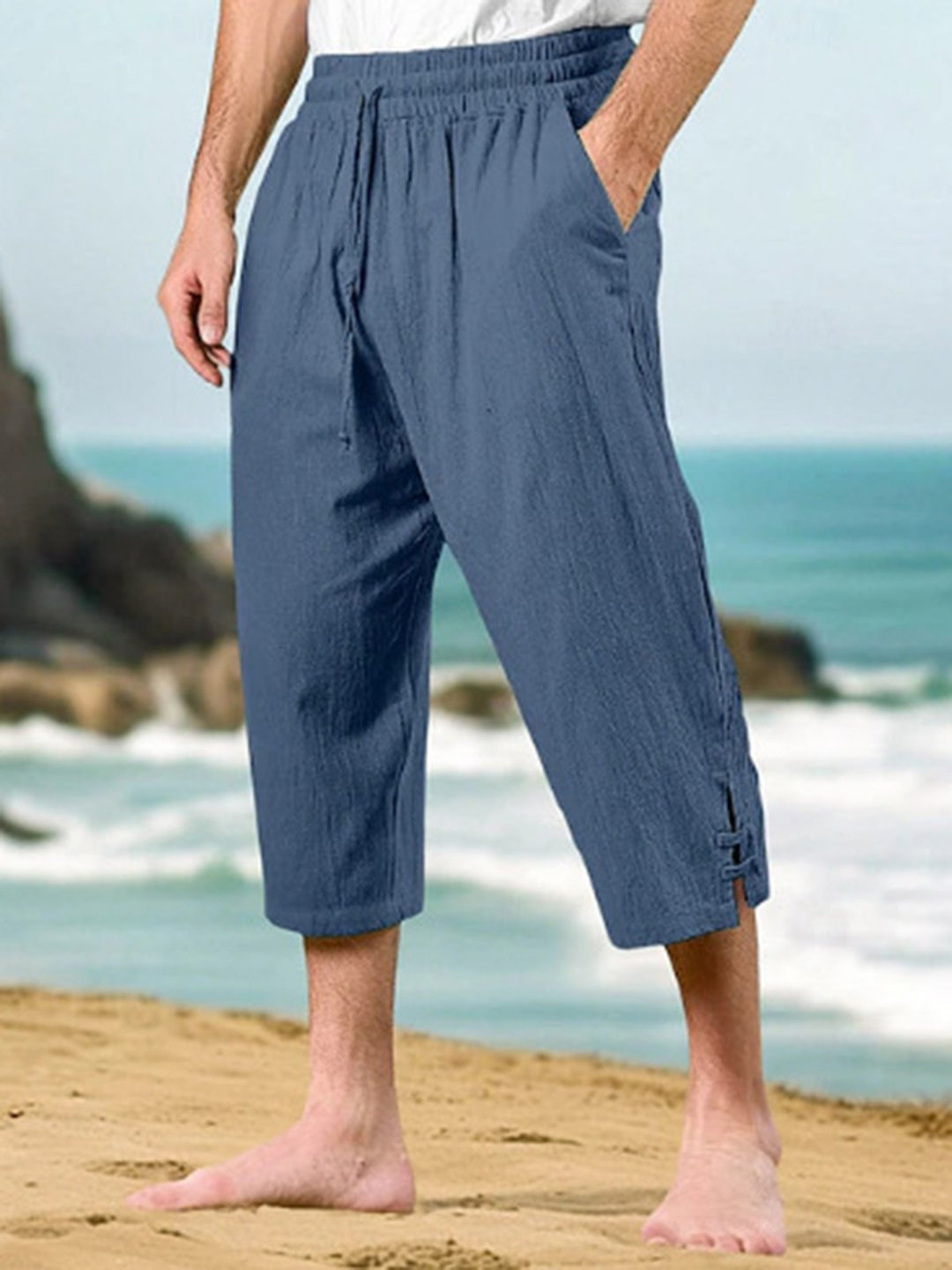 Alohadaddy® Drawstring Waist Multi-Pocket Cotton Linen Capri Beach Pants