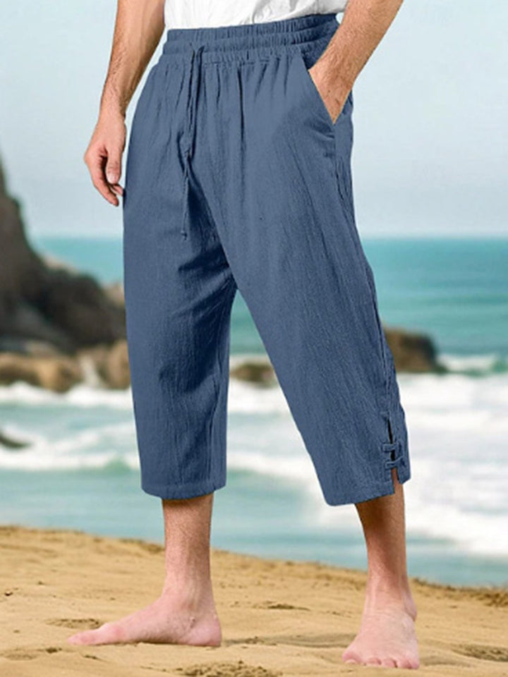 Alohadaddy® Drawstring Waist Multi-Pocket Cotton Linen Capri Beach Pants