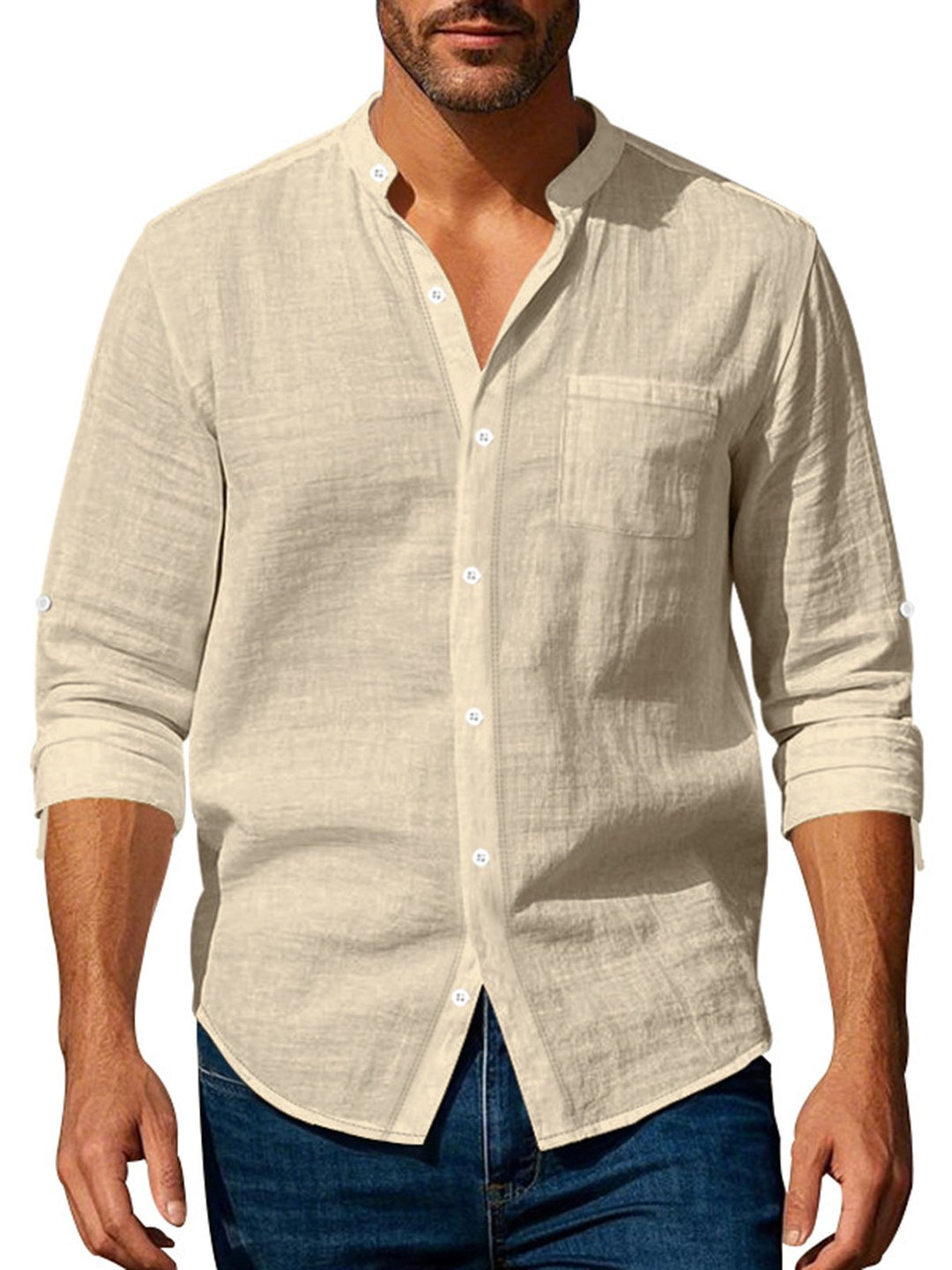 Alohadaddy® Linen Shirt Long Sleeve Stand Collar Breathable Casual New Chinese Pocket Shirt Men&