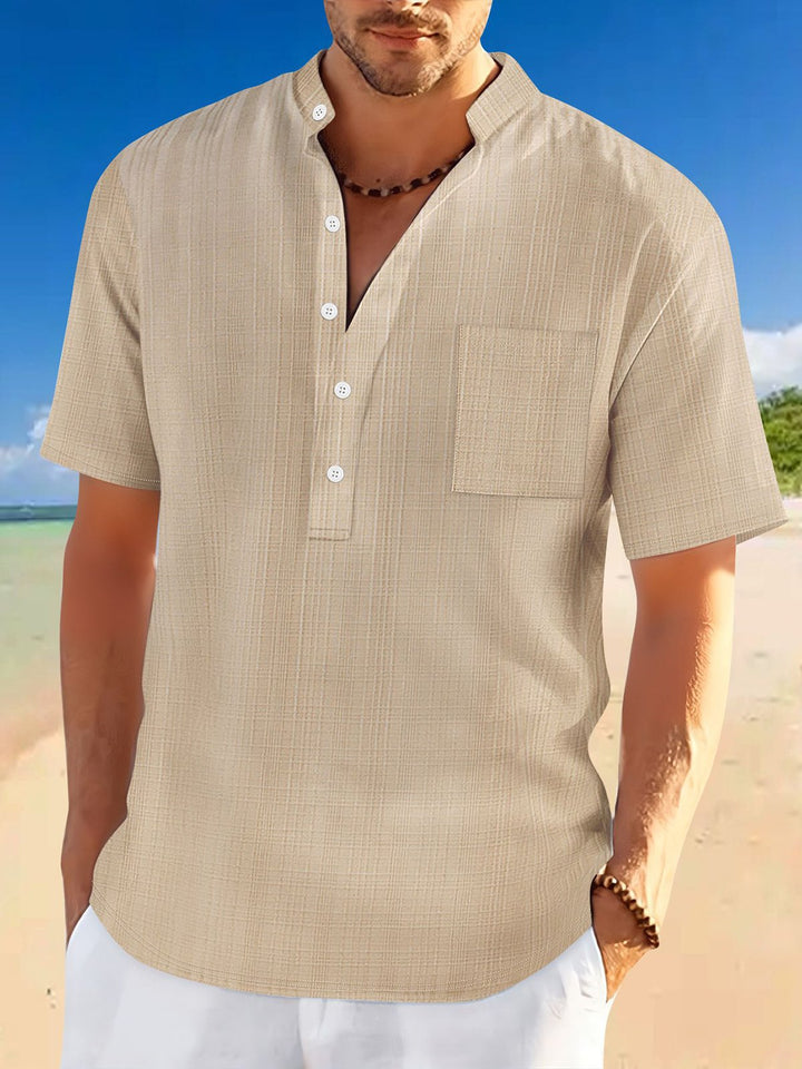 Alohadaddy® Basic Versatile Stand Collar Short Sleeve Shirt Loose Casual Holiday Henry Shirt Men