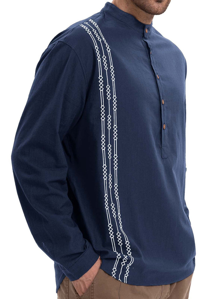 Alohadaddy® Casual Print Long Sleeve Cotton and Linen Versatile Light Mature Style Polo Shirt