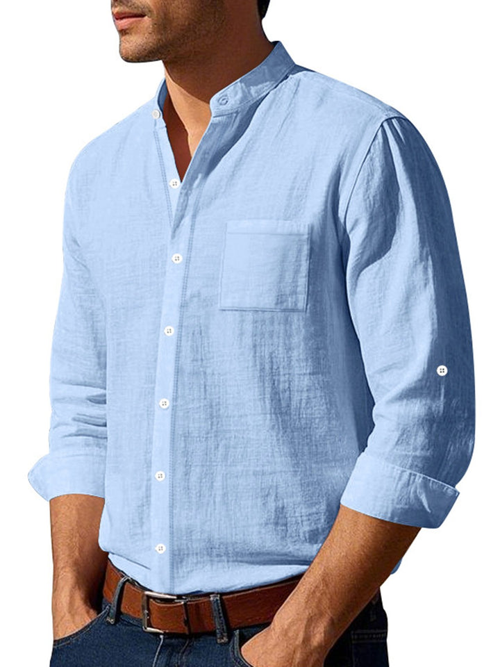 Alohadaddy® Linen Shirt Long Sleeve Stand Collar Breathable Casual New Chinese Pocket Shirt Men&