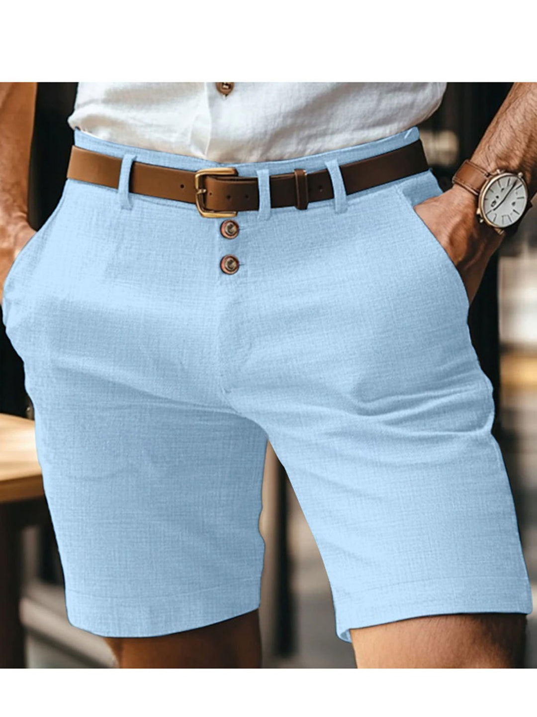 Alohadaddy® Hawaiian Linen Summer Solid Color Button Casual Daily Breathable Straight Shorts