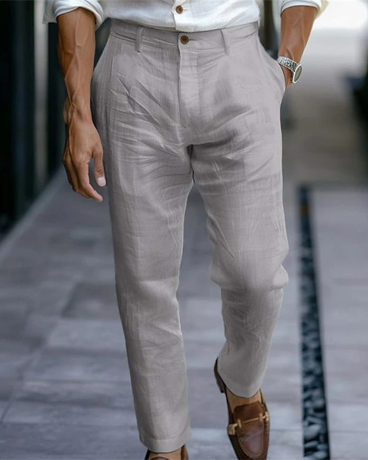 Alohadaddy® Linen Solid Color Slant Pocket Daily Outdoor Breathable Casual Pants Big & Tall