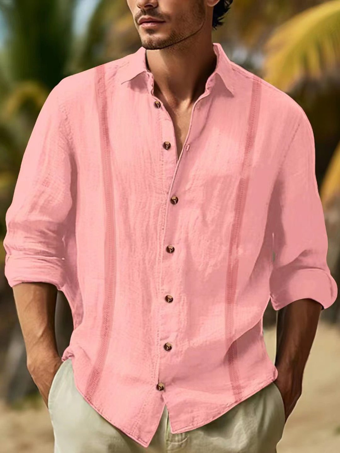 Alohadaddy® Casual Striped Cotton and Linen Moisture Wicking Versatile Chest Pocket Men&