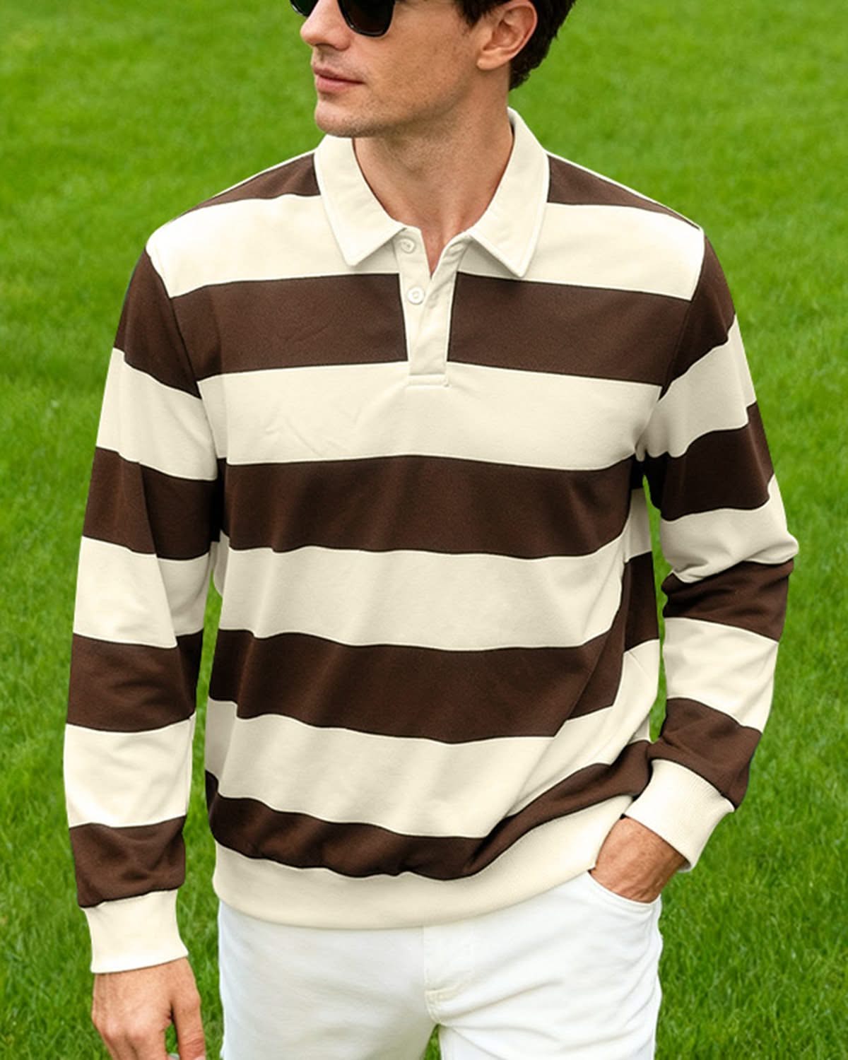 Alohadaddy® Men's Long Sleeve Polo Shirt American Loose Lightly Striped Casual T-Shirt