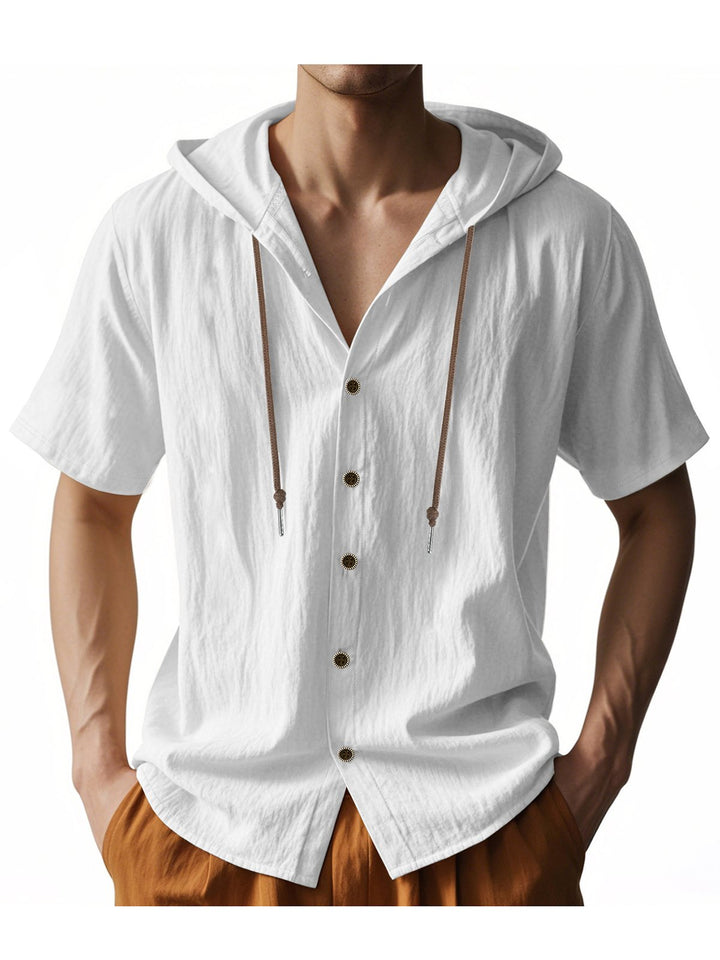 Alohadaddy® Solid Large Size Solid Breathable Linen Ami Khaki Loose Hooded Short Sleeve Shirt