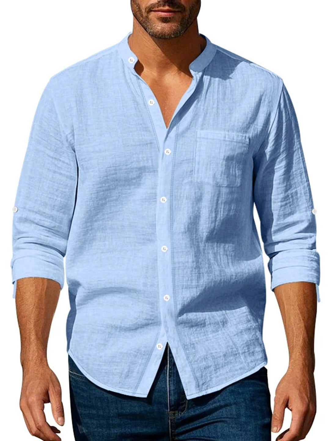 Alohadaddy® Linen Shirt Long Sleeve Stand Collar Breathable Casual Men&