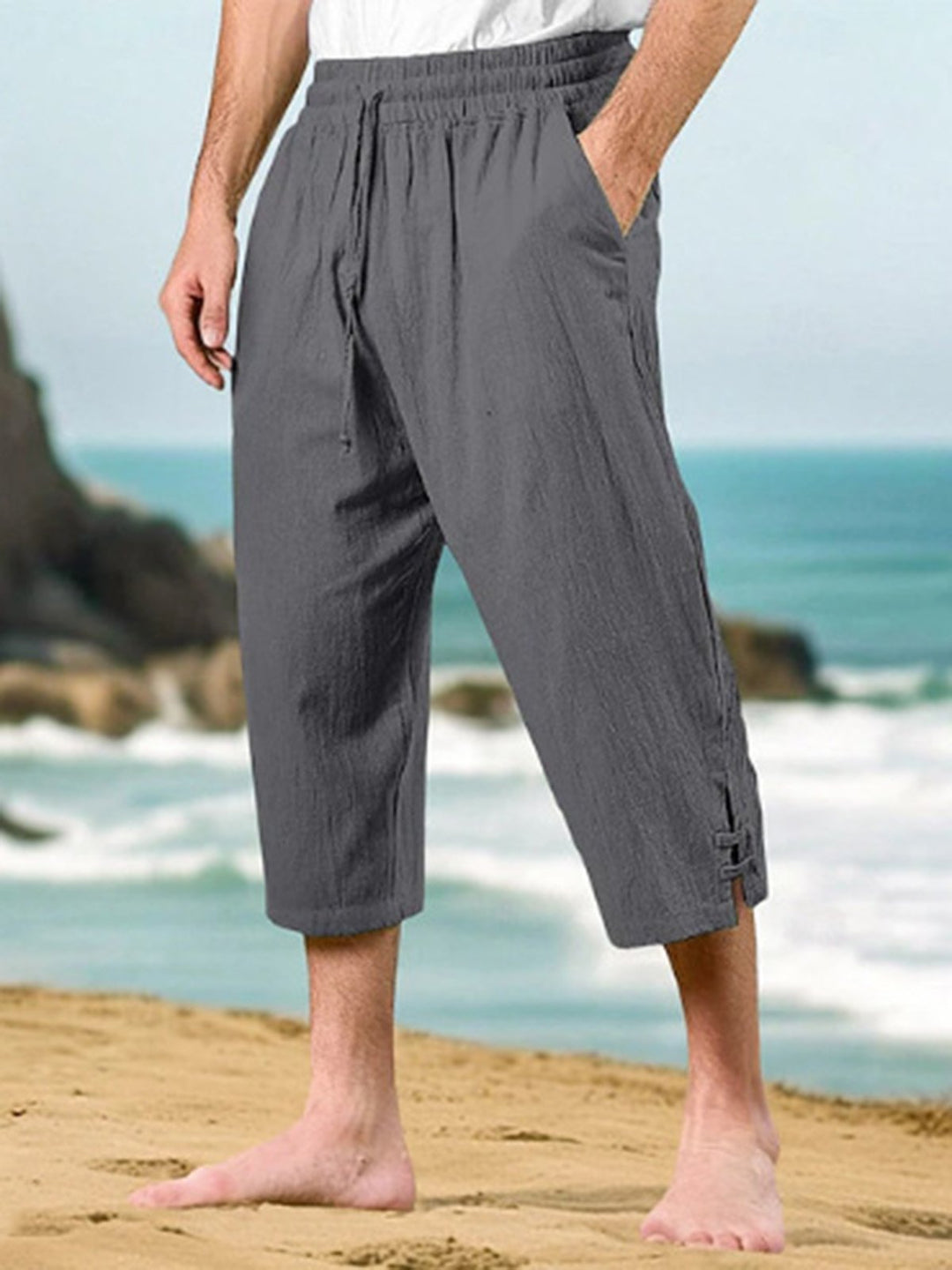 Alohadaddy® Drawstring Waist Multi-Pocket Cotton Linen Capri Beach Pants