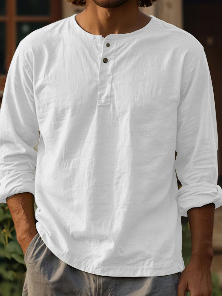 Alohadaddy® Casual Long Sleeve Cotton and Linen Solid Color Shirt Round Neck Clothing Button Two-Button Linen T-Shirt Big &amp; Tall