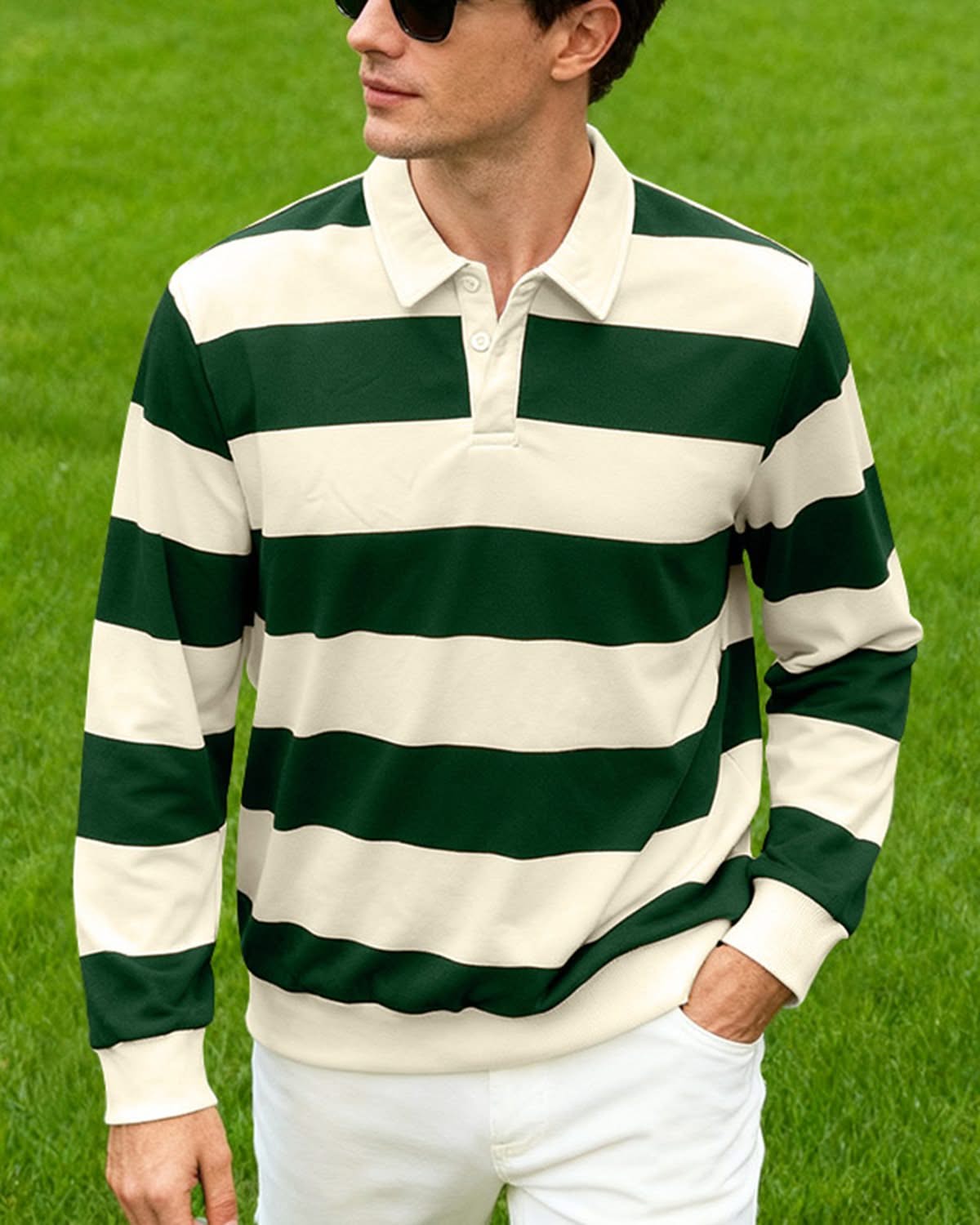 Alohadaddy® Men's Long Sleeve Polo Shirt American Loose Lightly Striped Casual T-Shirt