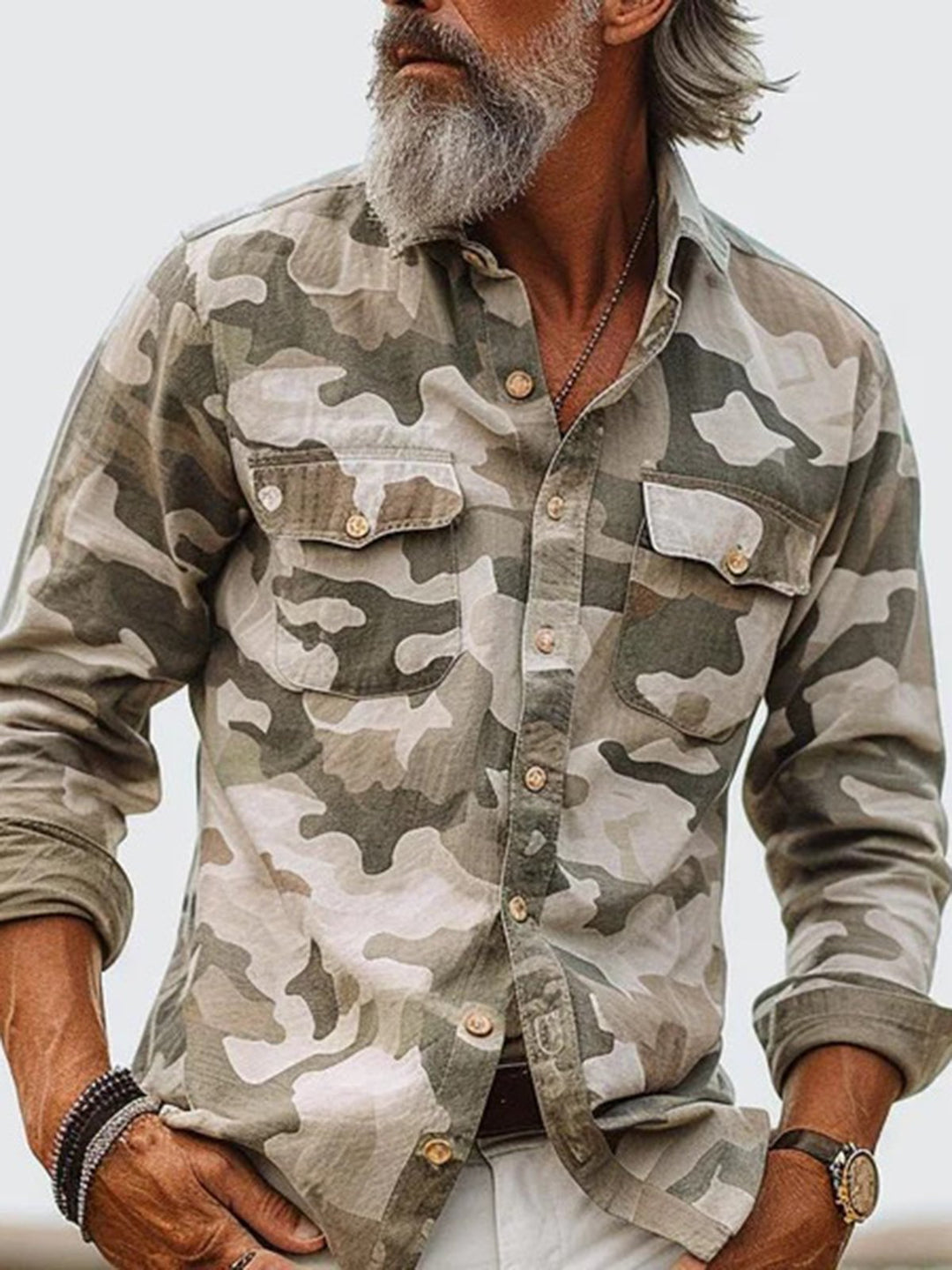 Alohadaddy® Casual Printed Lapel Long Sleeve Loose Multi-Pocket Casual Men&