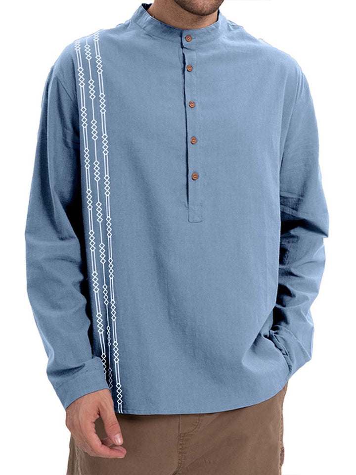 Alohadaddy® Casual Print Long Sleeve Cotton and Linen Versatile Light Mature Style Polo Shirt