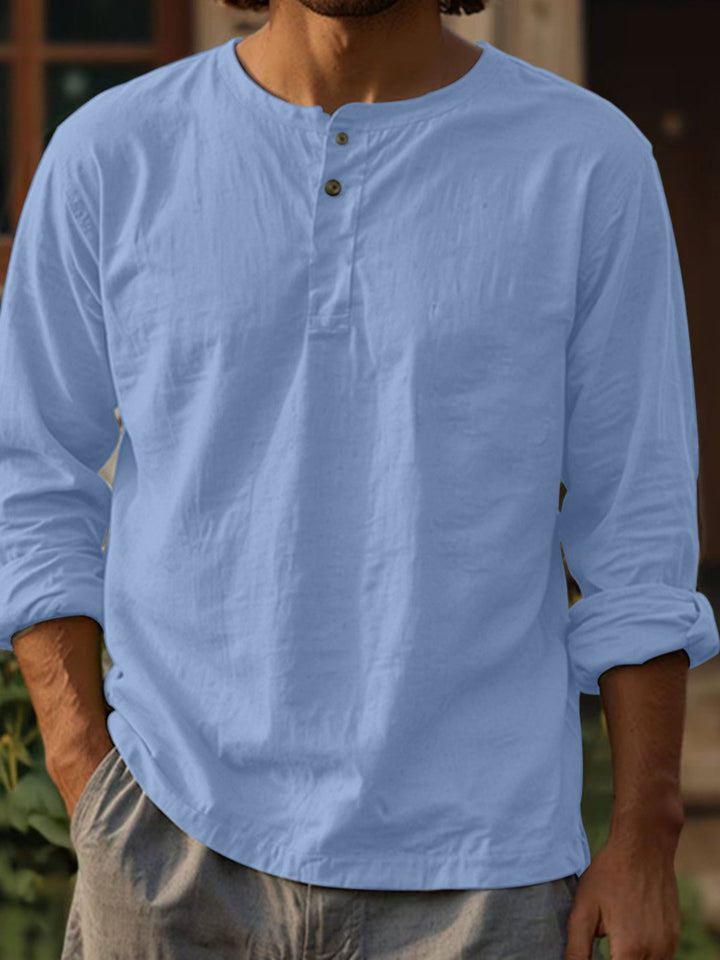 Alohadaddy® Casual Long Sleeve Cotton and Linen Solid Color Shirt Round Neck Clothing Button Two-Button Linen T-Shirt Big &amp; Tall