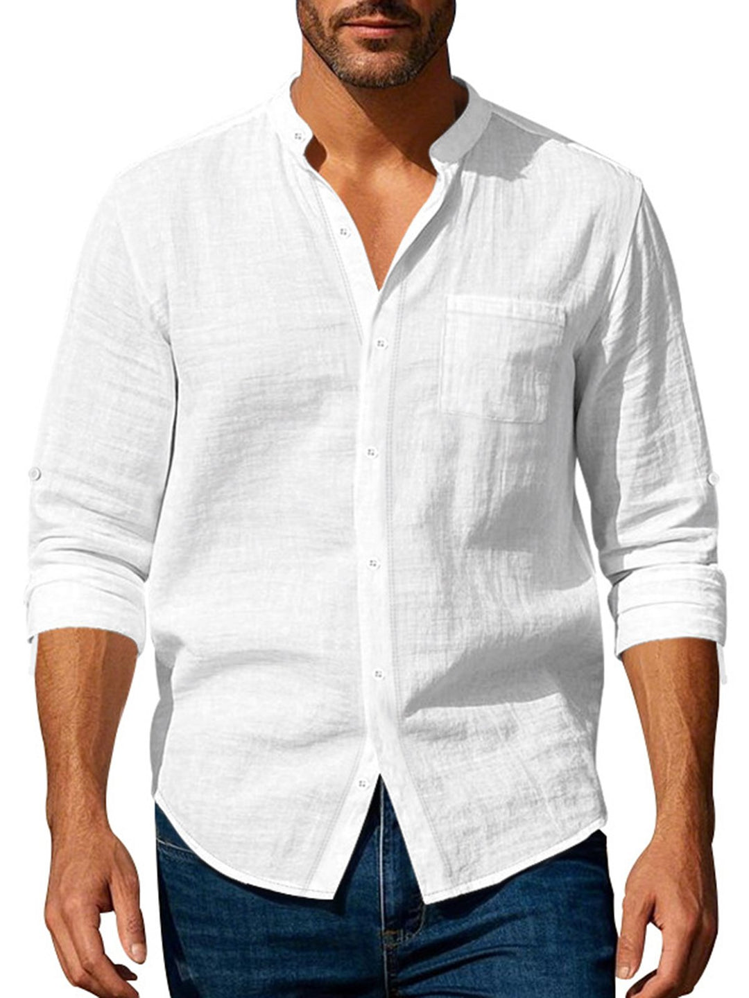 Alohadaddy® Linen Shirt Long Sleeve Stand Collar Breathable Casual New Chinese Pocket Shirt Men&