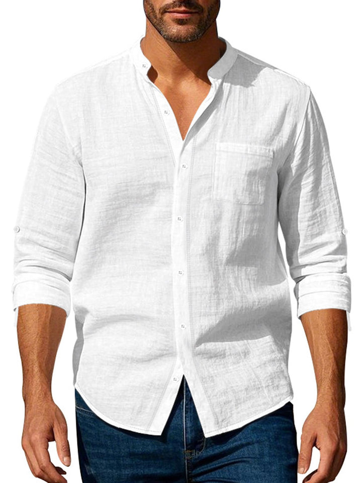 Alohadaddy® Linen Shirt Long Sleeve Stand Collar Breathable Casual New Chinese Pocket Shirt Men&