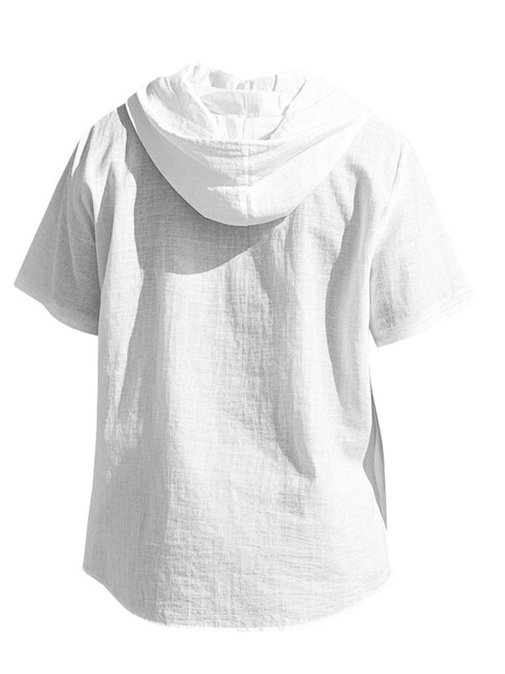 Alohadaddy® Solid Large Size Solid Breathable Linen Ami Khaki Loose Hooded Short Sleeve Shirt