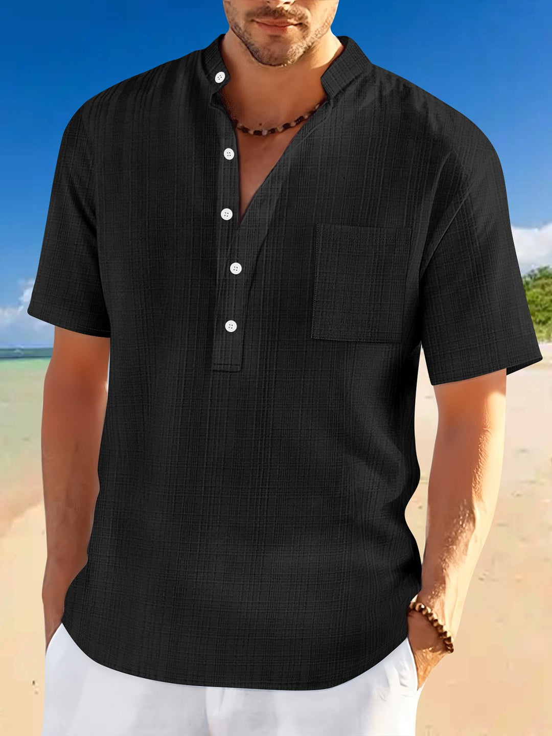 Alohadaddy® Basic Versatile Stand Collar Short Sleeve Shirt Loose Casual Holiday Henry Shirt Men