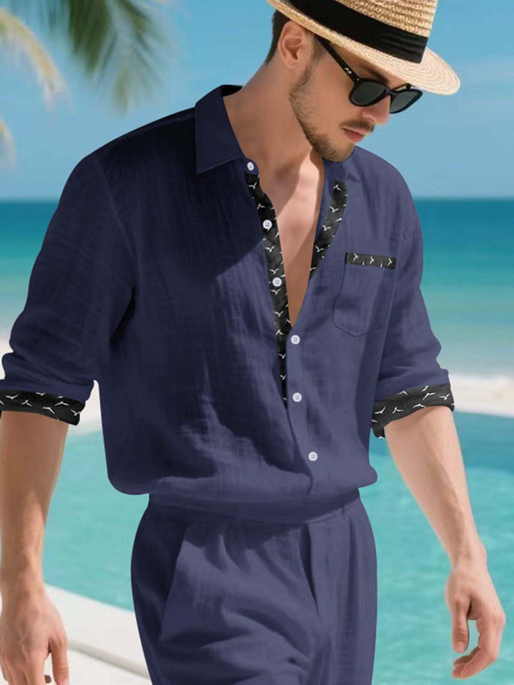 Alohadaddy® Linen Platform Lapel Long Sleeve Cardigan Shirt Vacation Casual Men&