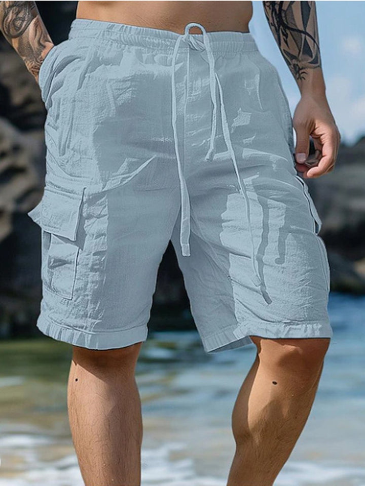 Alohadaddy® Casual Cotton and Linen Shorts Drawstring Elastic Waist Straight Leg Solid Color Breathable Daily Beach Five-point Casual Shorts