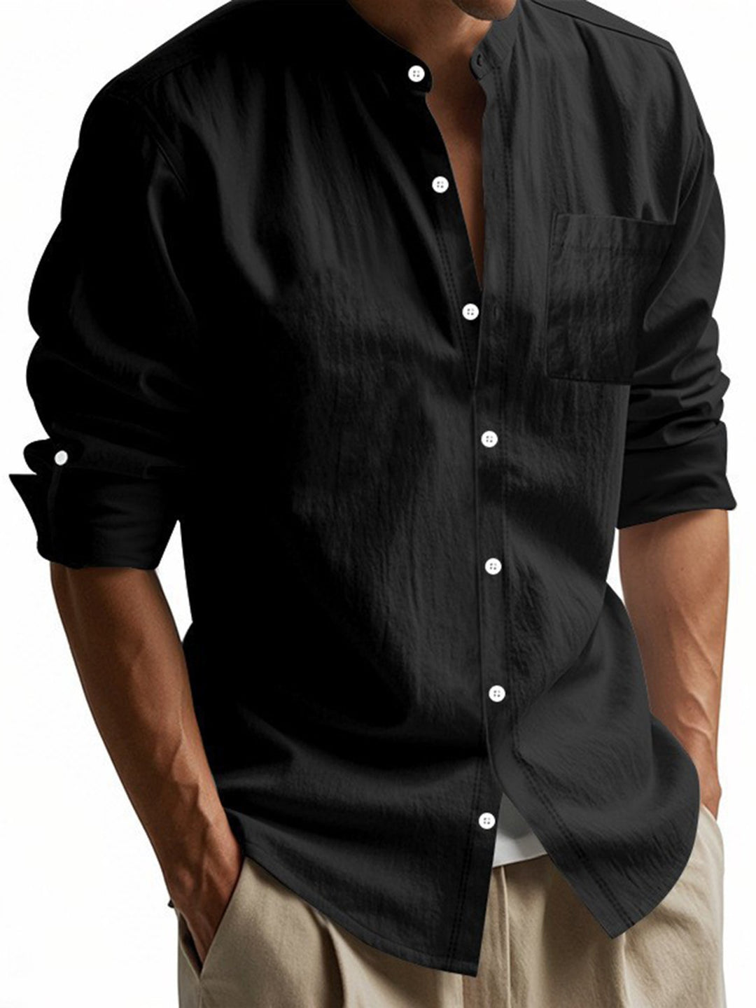 Alohadaddy® Linen Shirt Long Sleeve Stand Collar Breathable Casual Men&