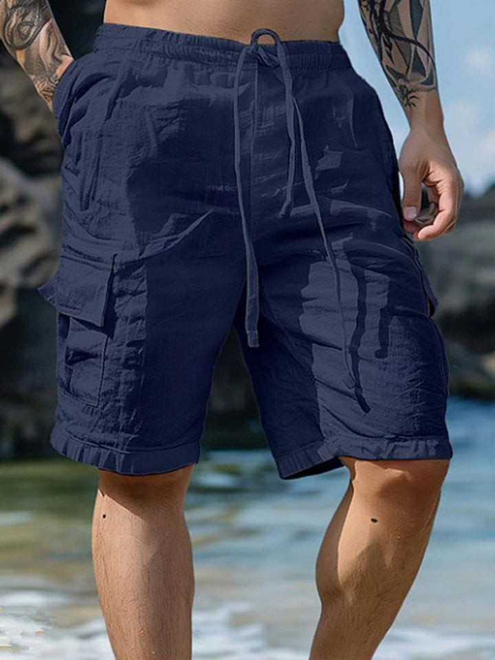Alohadaddy® Casual Cotton and Linen Shorts Drawstring Elastic Waist Straight Leg Solid Color Breathable Daily Beach Five-point Casual Shorts