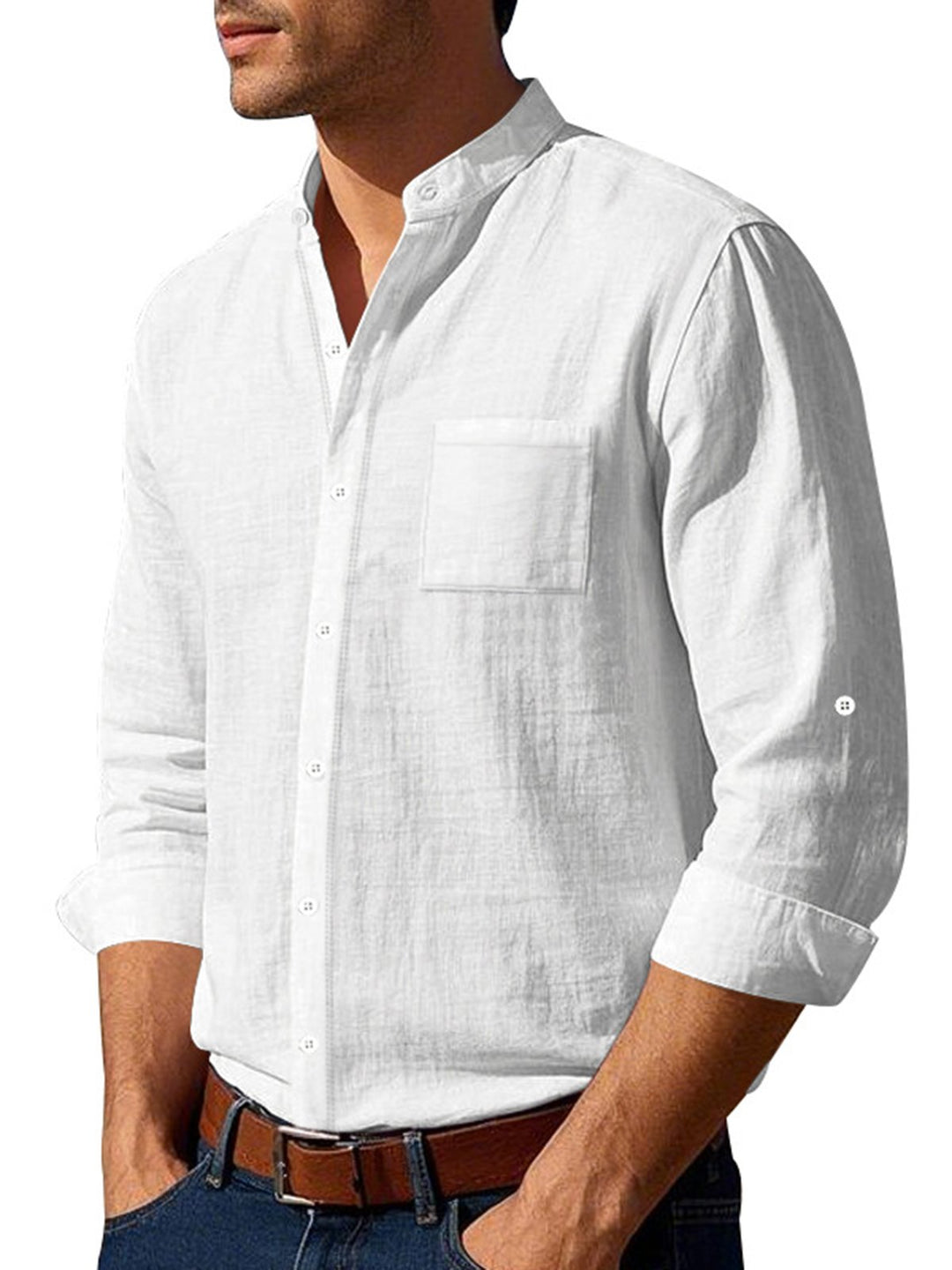Alohadaddy® Linen Shirt Long Sleeve Stand Collar Breathable Casual New Chinese Pocket Shirt Men&