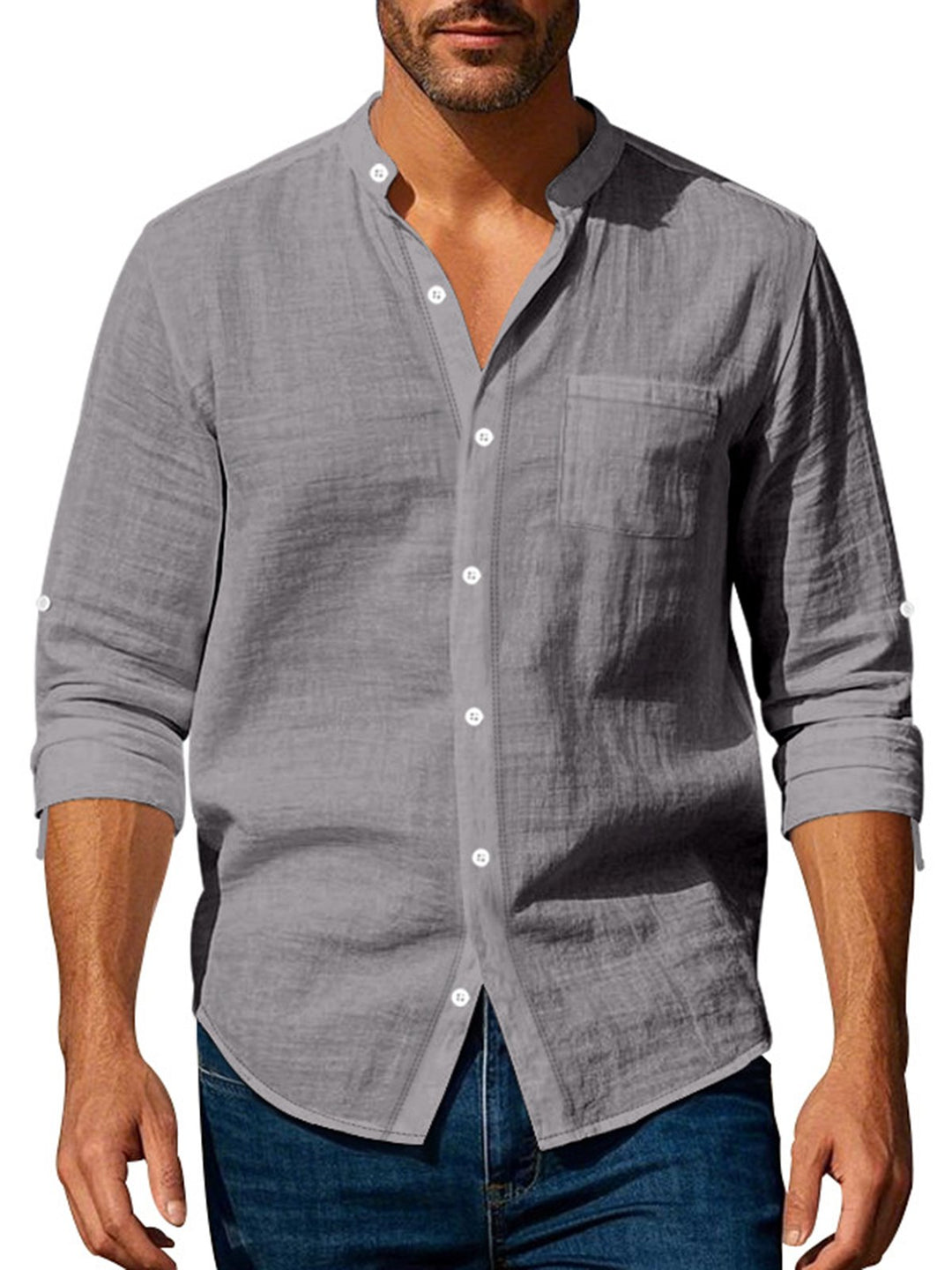 Alohadaddy® Linen Shirt Long Sleeve Stand Collar Breathable Casual New Chinese Pocket Shirt Men&