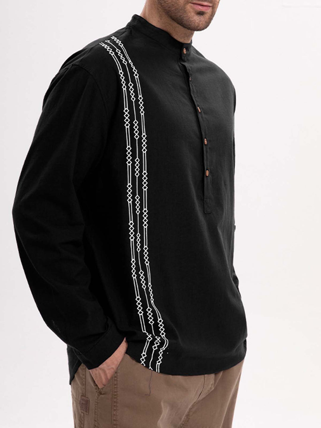 Alohadaddy® Casual Print Long Sleeve Cotton and Linen Versatile Light Mature Style Polo Shirt