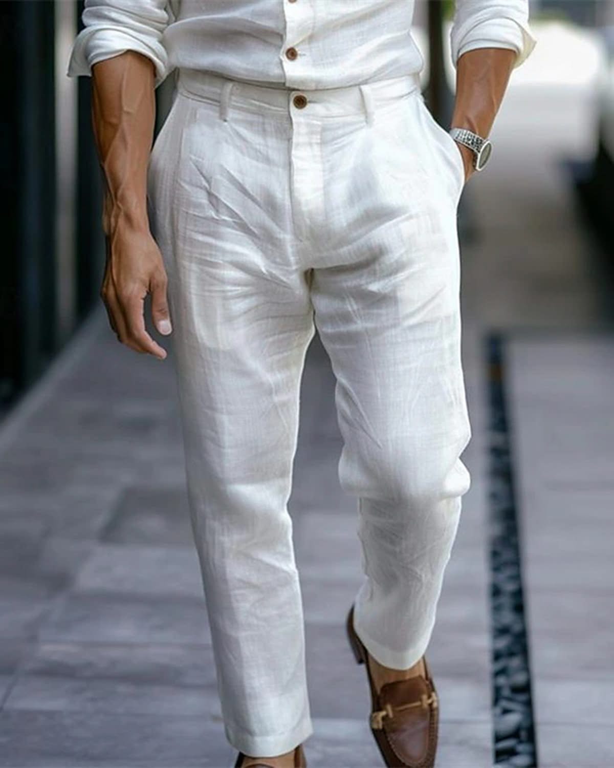 Alohadaddy® Linen Solid Color Slant Pocket Daily Outdoor Breathable Casual Pants Big & Tall