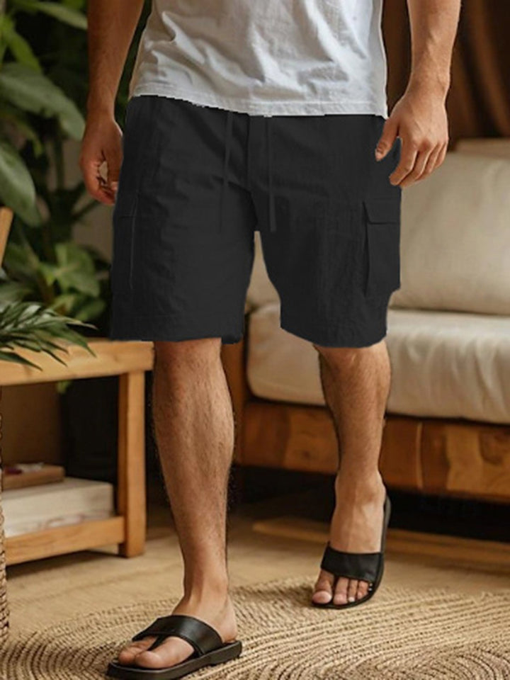 Alohadaddy® Cotton And Linen Workwear Shorts Drawstring Elastic Waist Straight Leg Solid Color Breathable Beach Five-point Casual Shorts