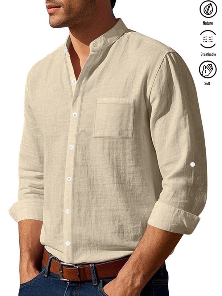 Alohadaddy® Linen Shirt Long Sleeve Stand Collar Breathable Casual New Chinese Pocket Shirt Men&