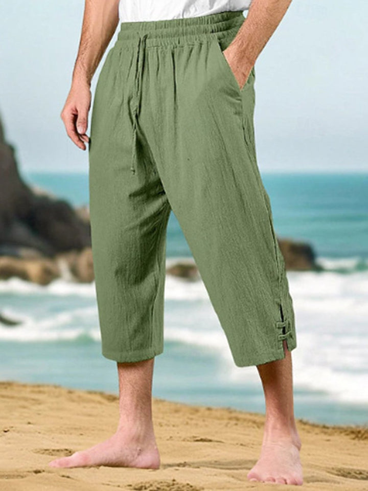 Alohadaddy® Drawstring Waist Multi-Pocket Cotton Linen Capri Beach Pants