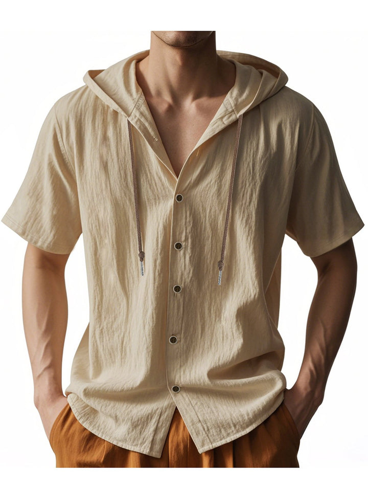 Alohadaddy® Solid Large Size Solid Breathable Linen Ami Khaki Loose Hooded Short Sleeve Shirt