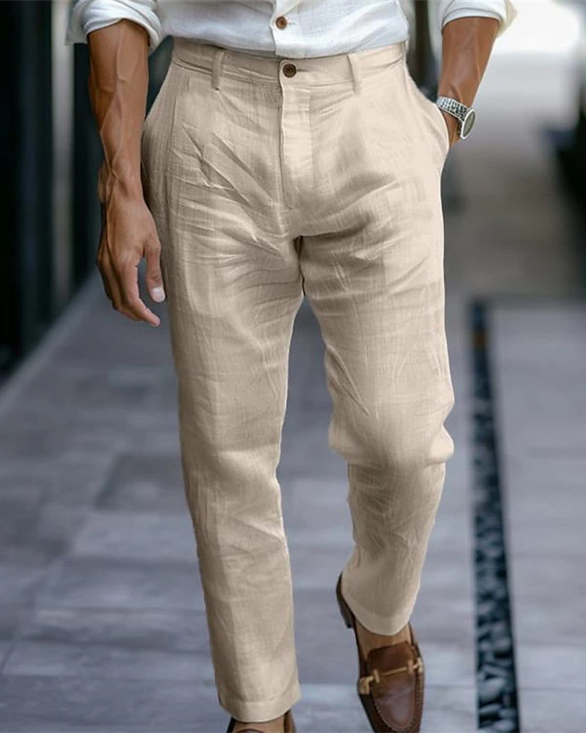 Alohadaddy® Linen Solid Color Slant Pocket Daily Outdoor Breathable Casual Pants Big & Tall