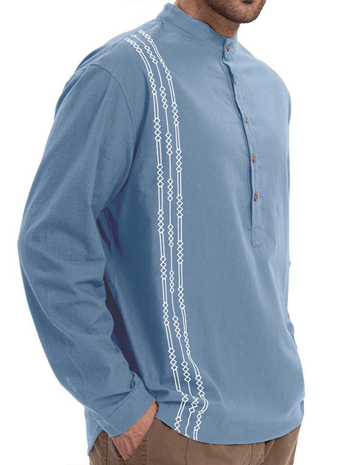 Alohadaddy® Casual Print Long Sleeve Cotton and Linen Versatile Light Mature Style Polo Shirt