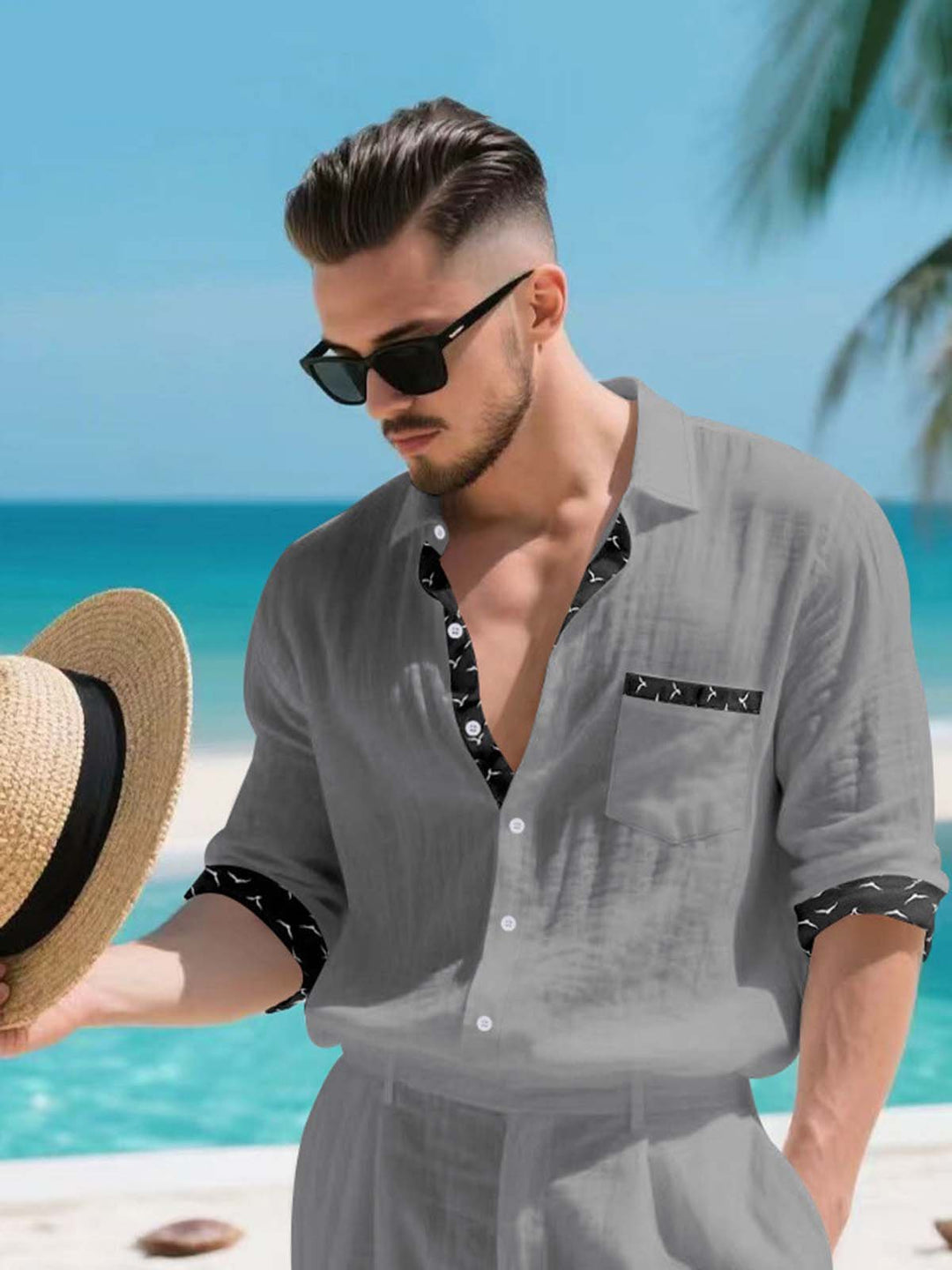 Alohadaddy® Linen Platform Lapel Long Sleeve Cardigan Shirt Vacation Casual Men&