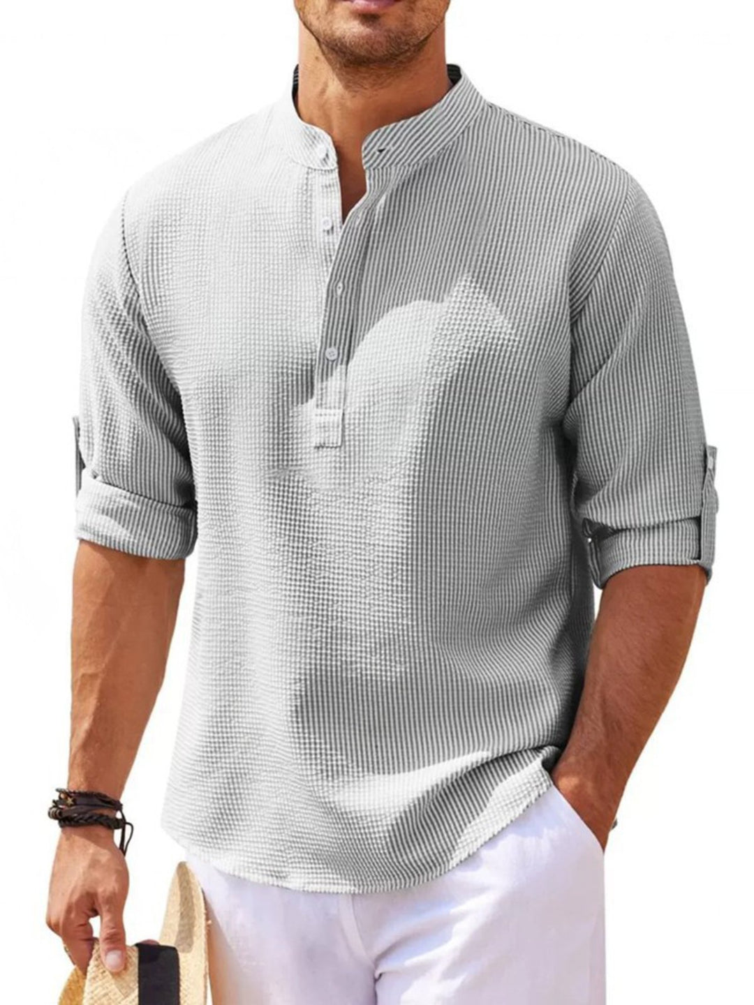 Alohadaddy® Vintage Long Sleeve Stand Collar Button-Up Pineapple Check Shirt Men&