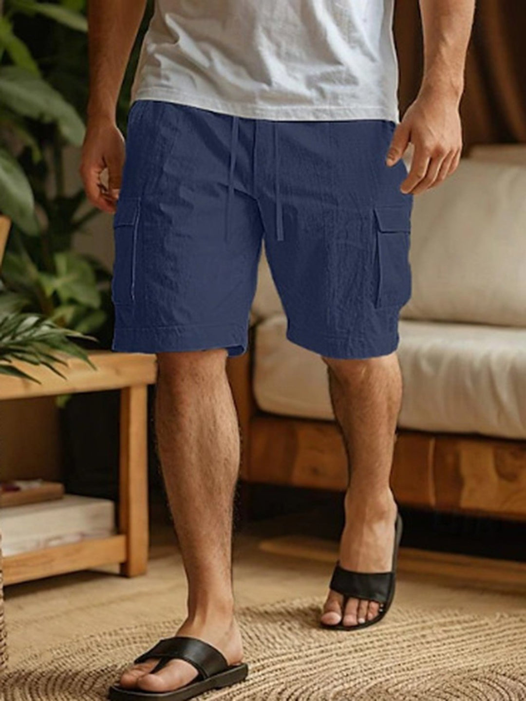 Alohadaddy® Cotton And Linen Workwear Shorts Drawstring Elastic Waist Straight Leg Solid Color Breathable Beach Five-point Casual Shorts