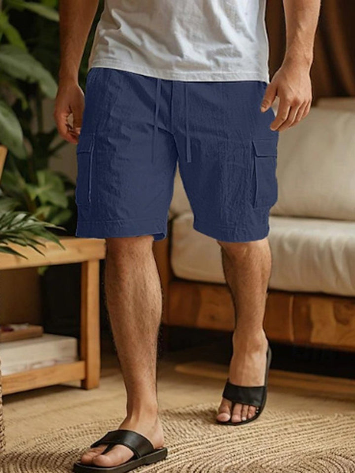Alohadaddy® Cotton And Linen Workwear Shorts Drawstring Elastic Waist Straight Leg Solid Color Breathable Beach Five-point Casual Shorts