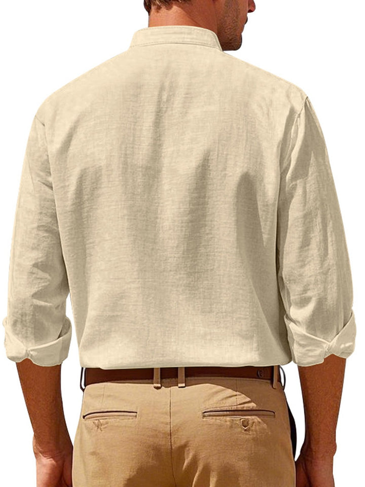 Alohadaddy® Linen Shirt Long Sleeve Stand Collar Breathable Casual New Chinese Pocket Shirt Men&