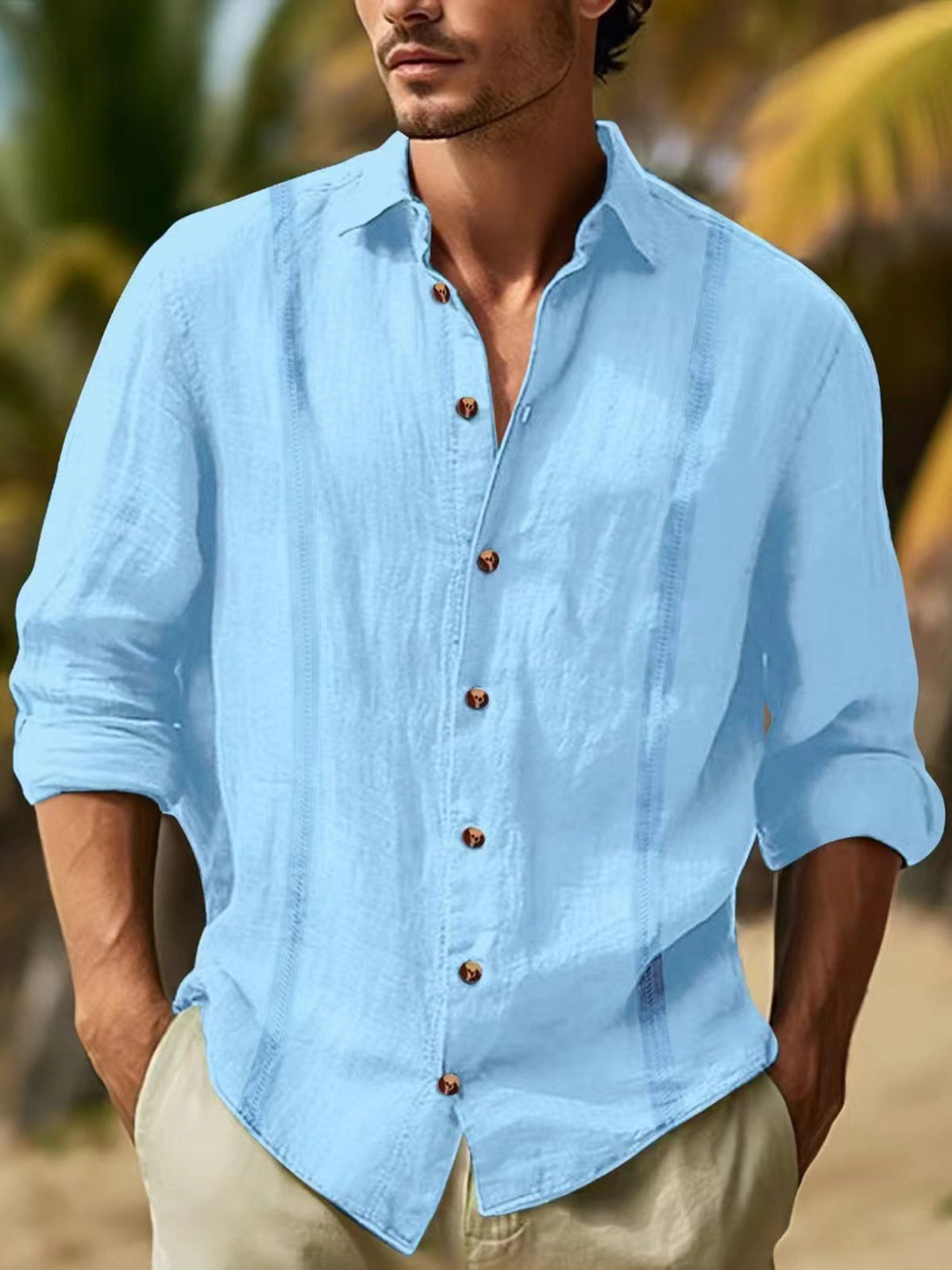 Alohadaddy® Casual Striped Cotton and Linen Moisture Wicking Versatile Chest Pocket Men&