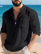Alohadaddy® Linen Long Sleeve Men's T-Shirt Hawaiian Large Size Loose Henry V-Neck Autumn and Winter Bottoming Shirt Men