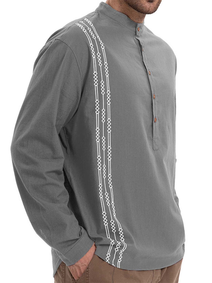 Alohadaddy® Casual Print Long Sleeve Cotton and Linen Versatile Light Mature Style Polo Shirt