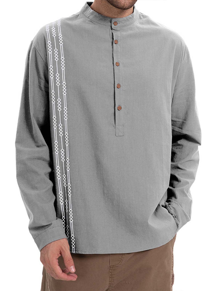 Alohadaddy® Casual Print Long Sleeve Cotton and Linen Versatile Light Mature Style Polo Shirt