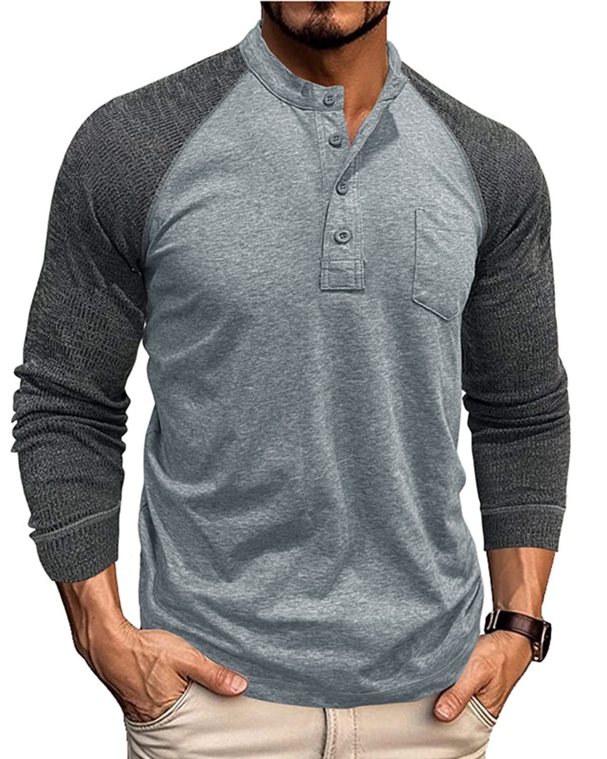 Alohadaddy® Men's Round Neck Ribbed Long Sleeve Henry Bottoming Shirt American Tough Guy Contrast Retro Button T-Shirt Top