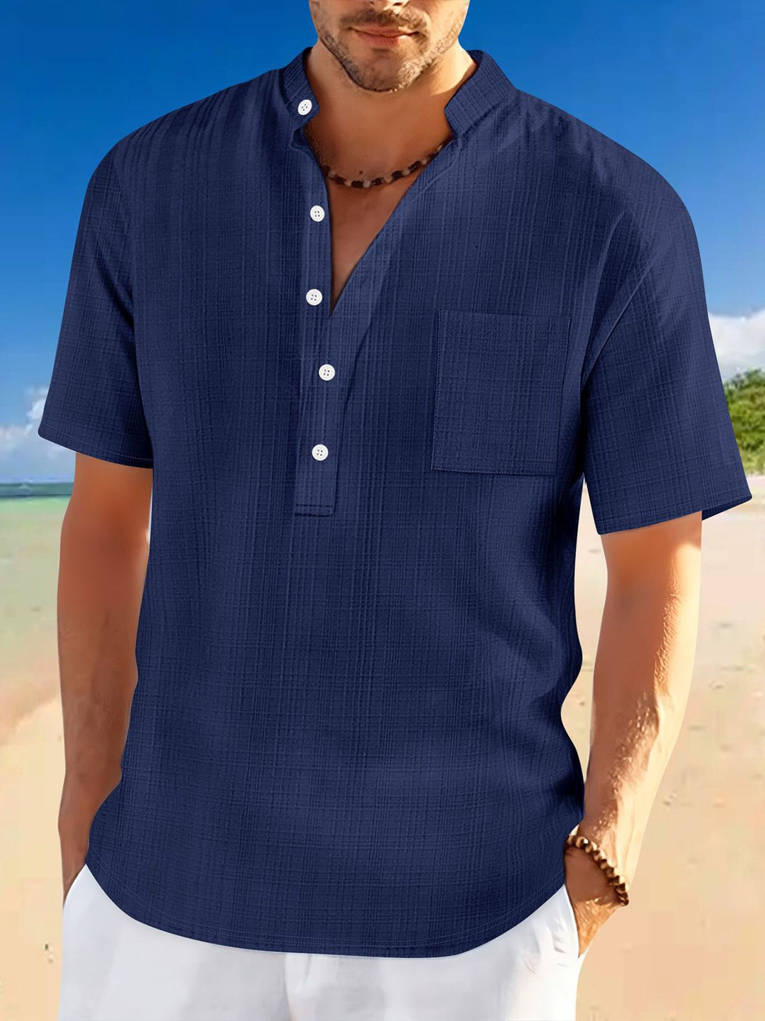 Alohadaddy® Basic Versatile Stand Collar Short Sleeve Shirt Loose Casual Holiday Henry Shirt Men