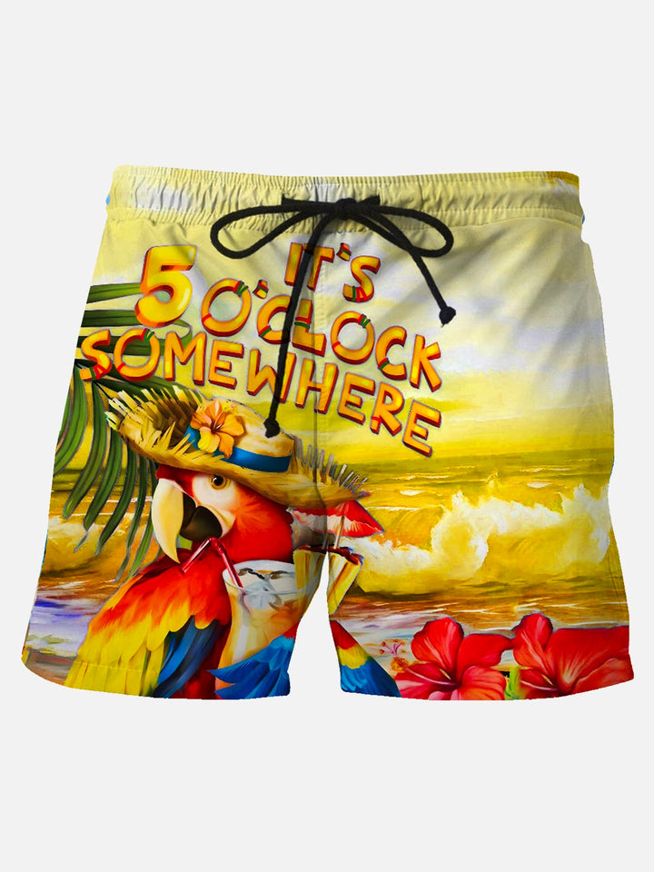 Son las 5 en punto en algún lugar, pantalones casuales de playa hawaianos de manga corta para hombre, pantalones cortos elásticos de talla grande con diseño de loro