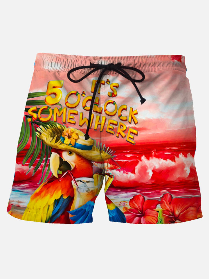 Son las 5 en punto en algún lugar, pantalones casuales de playa hawaianos de manga corta para hombre, pantalones cortos elásticos de talla grande con diseño de loro
